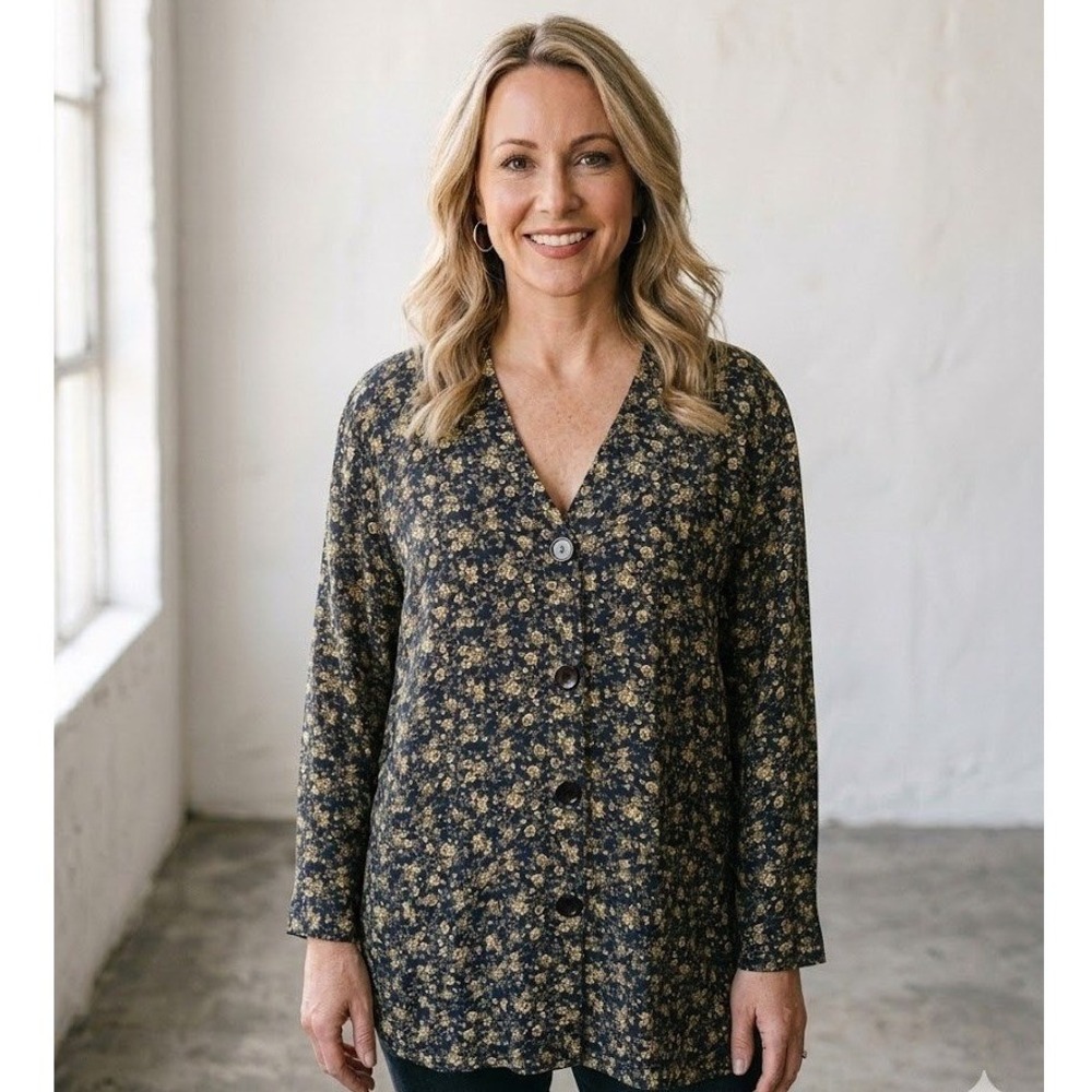 Vintage Express Womens Navy Blue Floral Button Up Cardigan Blouse S Oversize 90s